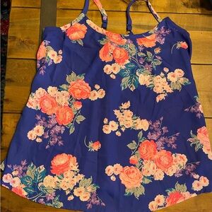 Royal Blue Pink Floral Print Spaghetti Strap Tank Top